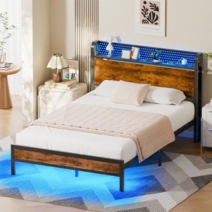Full Size Bed Frame with charging station and LED light headboard with storage and USB port made of vintage wood and sturdy metal - 1 of 4