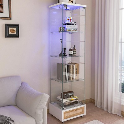 INFURNIC Decorative Bookshelf Modern Glass Display Cabinet 1-Door Storage Case with Drawer and 4 Shelves, White, 16.7"*14.4"*65.8"