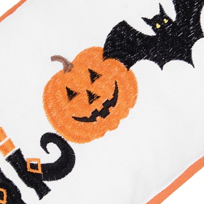 White and Orange Halloween Embroidered Throw Pillow