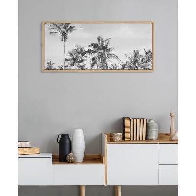 Coastal Black and White Palm Tree Canvas Print with Natural Frame