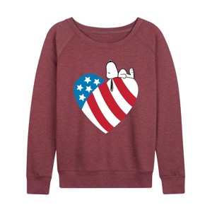 Women's - Peanuts - Snoopy On Flag Heart Lightweight French Terry Wide Neck Long Sleeve Shirt - 1 of 4