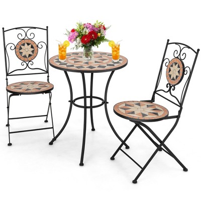 Tangkula 3 PCS Outdoor Bistro Set Patio Conversation Furniture Set w/ 1 Round Mosaic Coffee Table