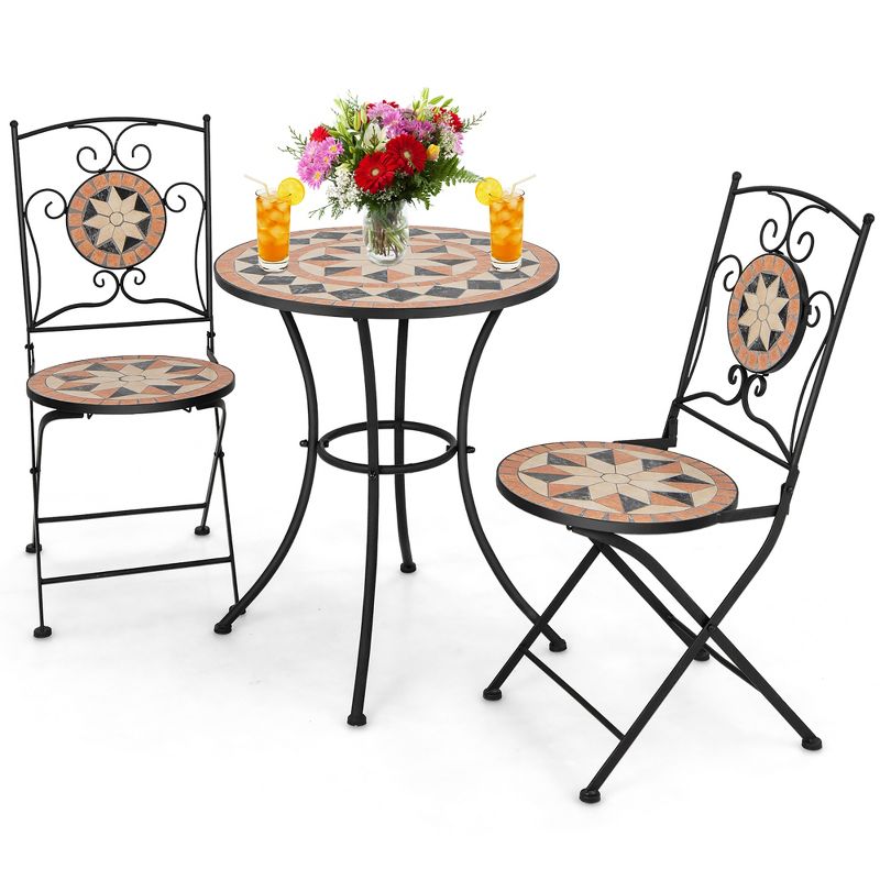 Tangkula 3 PCS Outdoor Bistro Set Patio Conversation Furniture Set w/ 1 Round Mosaic Coffee Table, 1 of 11