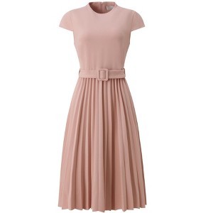 INSPIRE CHIC Women's Mock Neck Cap Sleeve Belted A-Line Midi Pleated Dresses - 1 of 4