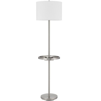 Cal Lighting Crofton metal floor lamp with metal tray table and 2 USB charging ports and a weight base.