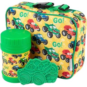 Bentology Lunch Tote Set (Monster Truck) Reusable Hard Ice Pack & Stainless Steel Food Jar Thermos - Perfect Lunchbox Kit for Boys & Girls - 1 of 4