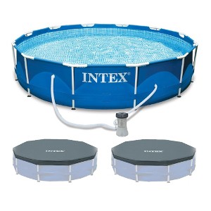 INTEX Metal Frame 12ft x 30in Round 6 Person Outdoor Swimming Pool Set with Filter Pump, Type-A Cartridge and Pool Covers (2-Pack), Tool-Free Assembly - 1 of 4