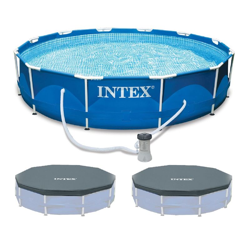 INTEX Metal Frame 12ft x 30in Round 6 Person Outdoor Swimming Pool Set with Filter Pump, Type-A Cartridge and Pool Covers (2-Pack), Tool-Free Assembly, 1 of 8