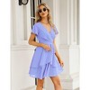 Clearlove Womens Skater Dresses V Neck Short Sleeve Tie Waist Solid Ruffle Boho Flowy Swing Mini Dress - 4 of 4