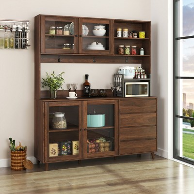 63" Large Microwave Cabinet With 4 Doors And 4 Drawers,Freestanding Kitchen Hutch Cabinet With Microwave Shelf-Cuddlewood