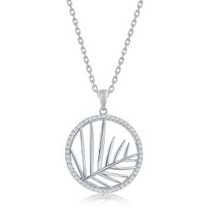Bella Silver Sterling Silver Round CZ Outline w/ Center Cut-Out Leaf 18" Pendant Necklace - Silver - 1 of 2