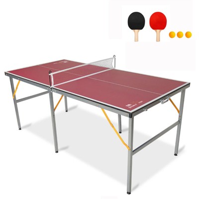 DSVIMOY Portable Ping Pong Table, 6ft Compact Foldable Table Tennis Table Set with Net, 2 Paddles & 3 Balls for Indoor Outdoor, Red, 72"*36"*30"