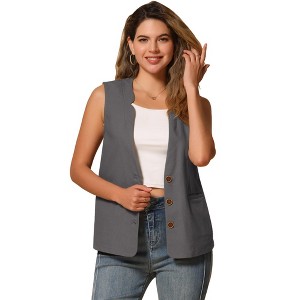 Allegra K Women's Cotton Linen Casual V Neck Button Down Sleeveless Vest - 1 of 4