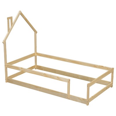 VYNXARIA Natural Pine Twin - Size Bed Frame with House-shaped Headboard and Rails