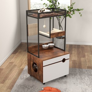 Whisen Cat Litter Box Enclosures with Tree Tower - White & Vintage - 1 of 4