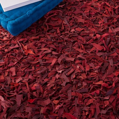 Red Round Hand-Knotted Leather Shag Area Rug
