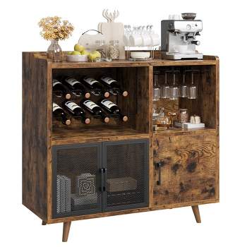 Whizmax Wine Bar Cabinet, Vintage Liquor Storage Cabinet with Wine Rack and Glass Hanger, Wood Wine Cabinet for Kitchen Dining Room, Rustic Brown