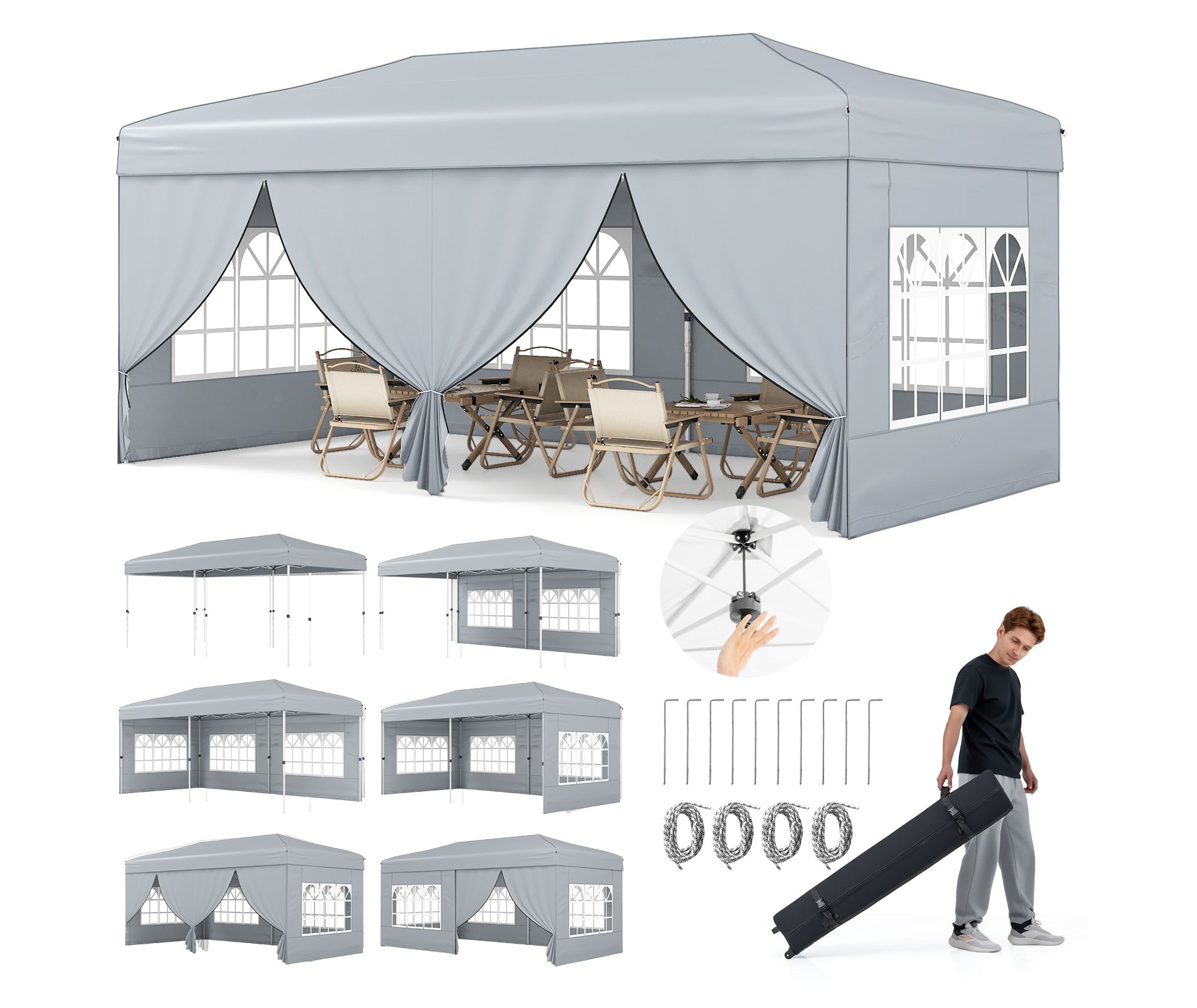 Costway 10 X 20 FT Pop up Canopy Tent w/ 6 Sidewalls Wheeled Bag 6 Sandbags 10 Stakes