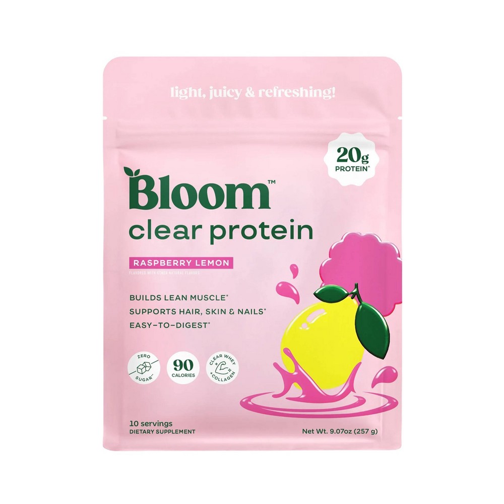 BLOOM NUTRITION Clear Protein Powder - Raspberry Lemon - 9.07oz: 20g Protein, Whey Isolate, Collagen