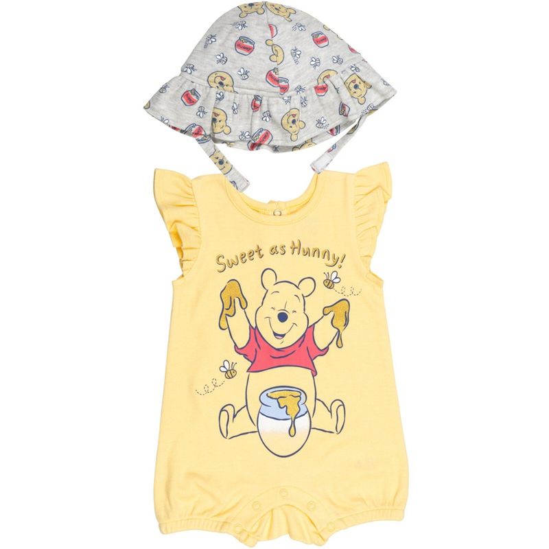 Disney Minnie Mouse Winnie the Pooh Nightmare Before Christmas Baby Girls Snap Romper and Bucket Sun Hat Newborn to Infant, 1 of 8