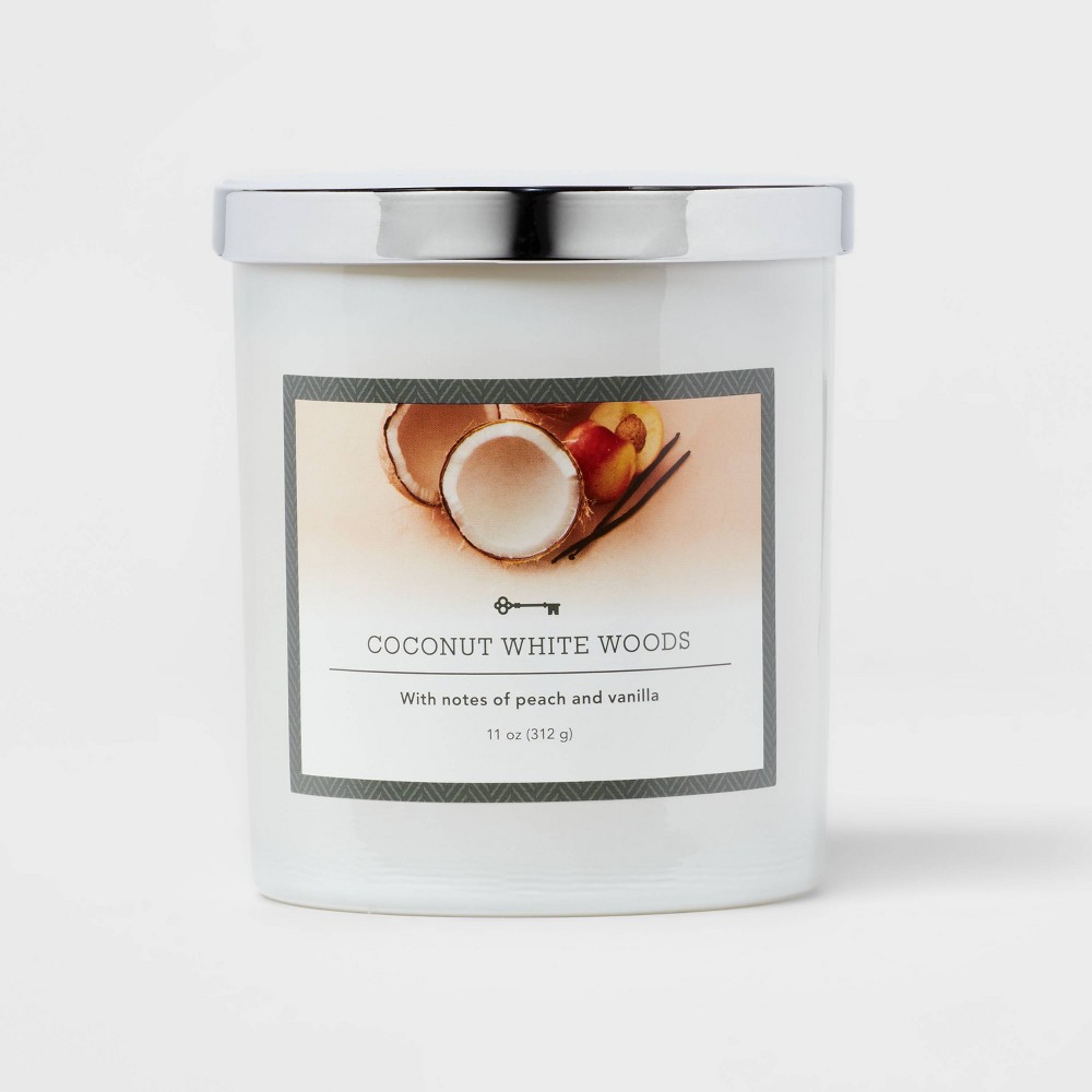 Photos - Other interior and decor 11oz 1-Wick Lidded Glass Candle Coconut White Woods - Threshold™