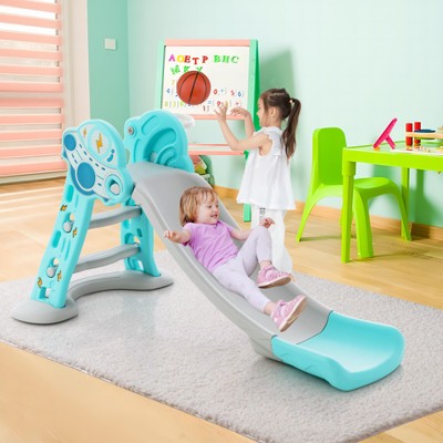 Blue HDPE 3-in-1 Kids Slide with Basketball Hoop