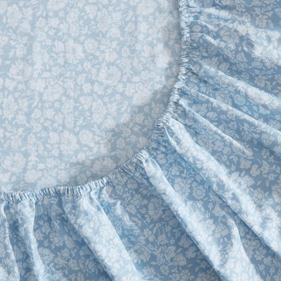 Blue Floral Cotton Percale Twin Sheet Set