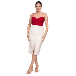 Slickblue Women's Midi Skirt, Faux Leather High-Rise Cargo, Front Slit Detail, Utility Style, New Cream/Gold/Silver, S-L - 1 of 4