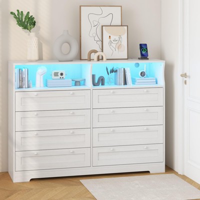 Garvee Modern 8 Drawer Dresser with RGB Light and Power Strip, Solid Wood TV Cabinet and Storage Organizer