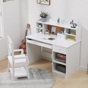 Kids Desk and Chair Set, Adjustable Study Table with Hutch, Student Desk with Cork Board, Keyboard Tray & Storage, White Study Furniture for Children - 1 of 4