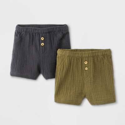 Image of Baby Boys' 2pk Gauze Pull-On Shorts - Cat & Jack™ Olive Green 0-3M