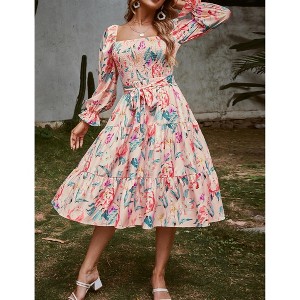 Women's Square Neck Floral Midi Dress Casual Ruffle Long Sleeve Party Dresses - 1 of 4