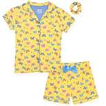 Sleep On It 2-Piece Girl's Pajama Shorts Set Featuring Multicolored Butterflies with Matching Scrunchie - Yellow Girls Sleepwear Set