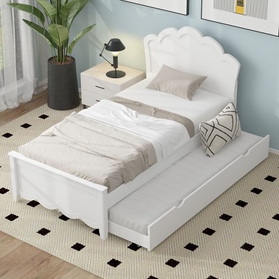 NicBex Twin Size Platform Bed 79.9" L Modern Wooden Bed Frame with Twin Trundle and Headboard for Bedroom, Guest Room, No Box Spring Required