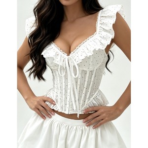Women Polka Dot Ruffle Corset Top Lace Trim Tie Front Lace Up Back