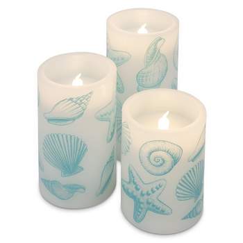 Elanze Designs Seashells Nautical Blue 6 inch Wax LED Flameless Pillar Candles Set of 3