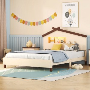Wood Bed Frame With House-Shaped Headboard Motion Activated Night Lights 300LBS Max Load Easy Assembly Platform Bed - 1 of 4