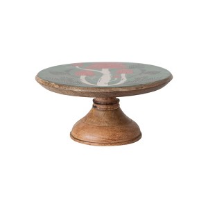 Storied Home Enameled Mango Wood Pedestal with Mushrooms, Natural, Green and Red - 1 of 4