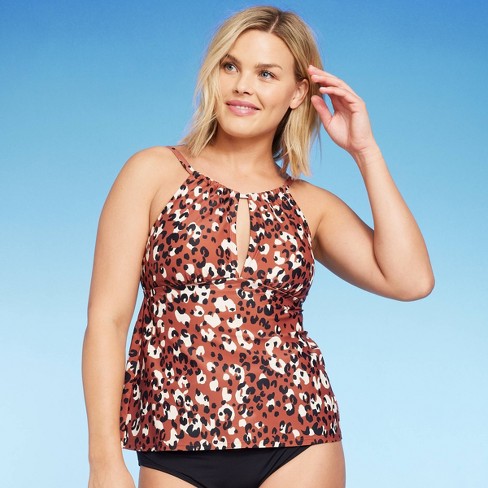 Women's Leopard Print High Neck Keyhole Tankini Top - Kona Sol