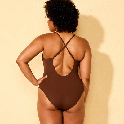 Shade & Shore Women's Long Torso Ribbed Plunge Neck Cheeky Coverage Plunge One Piece Swimsuit - Shade & Shore™ Brown M — фото 5