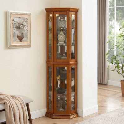 Corner Curio Cabinet with Lights - 69.75"H x 21.5"W x 16"D - Adjustable Tempered Glass Shelves, Mirrored Back - Oak/Cherry/Walnut