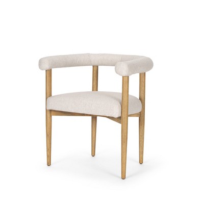 HomeRoots Beige and Brown Upholstered Cushion And Solid Wood Open Back Dining Arm Chair