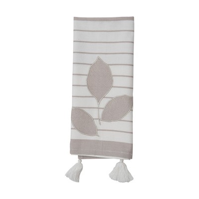 Gray Botanical Pattern 27 x 18 Inch Woven Cotton Kitchen Tea Towel with Hand Sewn Tassels - Foreside Home & Garden