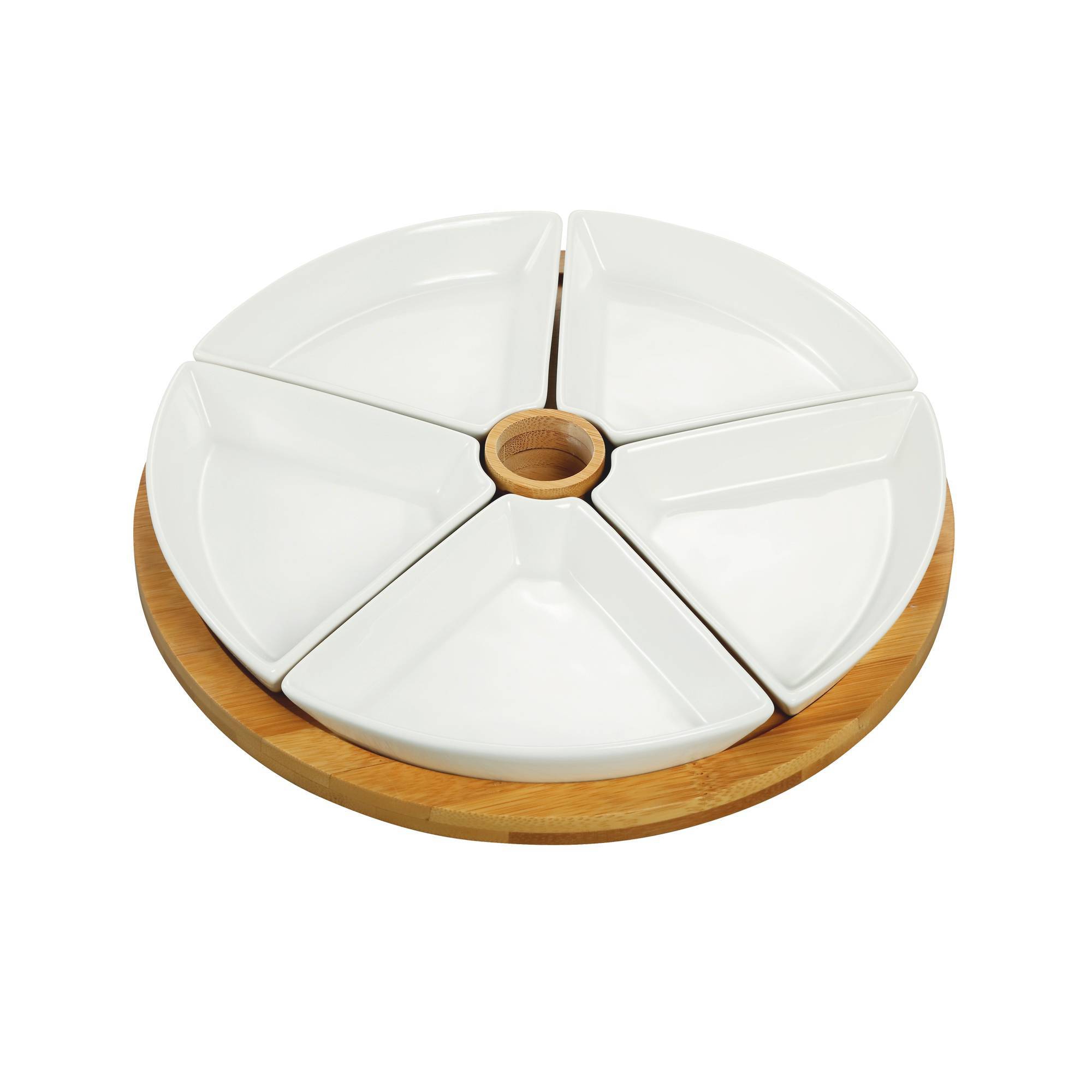 Elama 7pc Stoneware Beautiful Sectional Party Serving Set White - Elama: Round Divided Servers, Bamboo, Microwave & Dishwasher Safe
