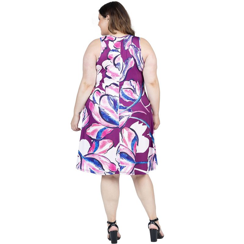 24seven Comfort Apparel Plus Size Purple Floral Sleeveless Knee Length Tank Swing Dress, 3 of 7