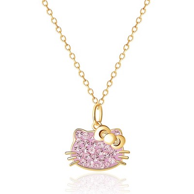 Sanrio Hello Kitty Silver Yellow Gold Plated Crystal Pendant - 18'' Chain, Officially Licensed Authentic