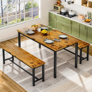 Hooseng 47.2'' 3-Piece Dining Table Set for 4 with 2 Benches,  Farmhouse Wood Grain Kitchen Breakfast Table & Chair Set for Kitchen, Apartment - 1 of 4