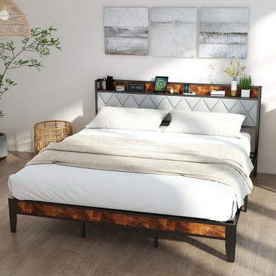 FURNIinspire Beds Modern King Size Bed Frame Iron Platform Bed with Soft-Padded Headboard, Storage, Bedroom Furniture, Brown, 85.5"*76.2"*40.6"