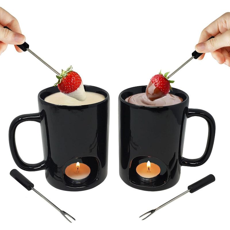 KOVOT Personal Fondue Mugs Set of 2 | Ceramic Mugs for Chocolate or Cheese | Includes Forks and Tealights, 1 of 7