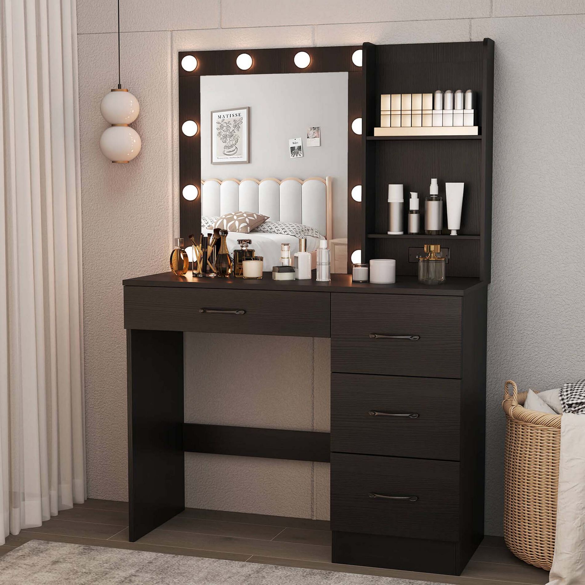 Costway Makeup Vanity Desk with Mirror and Lights Charging Station 3-Color LED Lights Black
